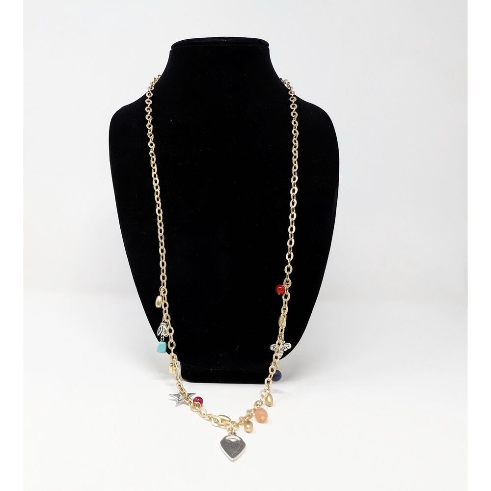 Chico's Necklace Gold Tone Charms Gemstones Bead Dangles 36-39" New